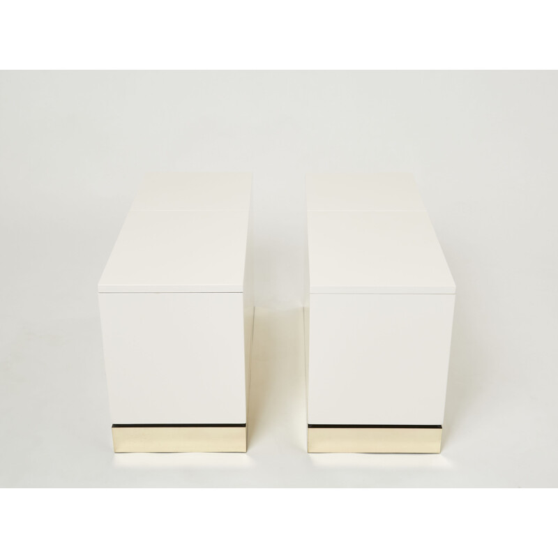 Pair of vintage white lacquered brass side tables by Jean-Claude Mahey for Romeo, France 1970