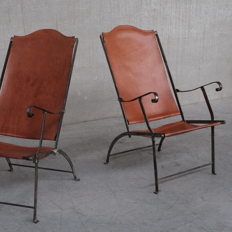 Pareja de sillones plegables vintage en cuero y metal, Francia 1950
