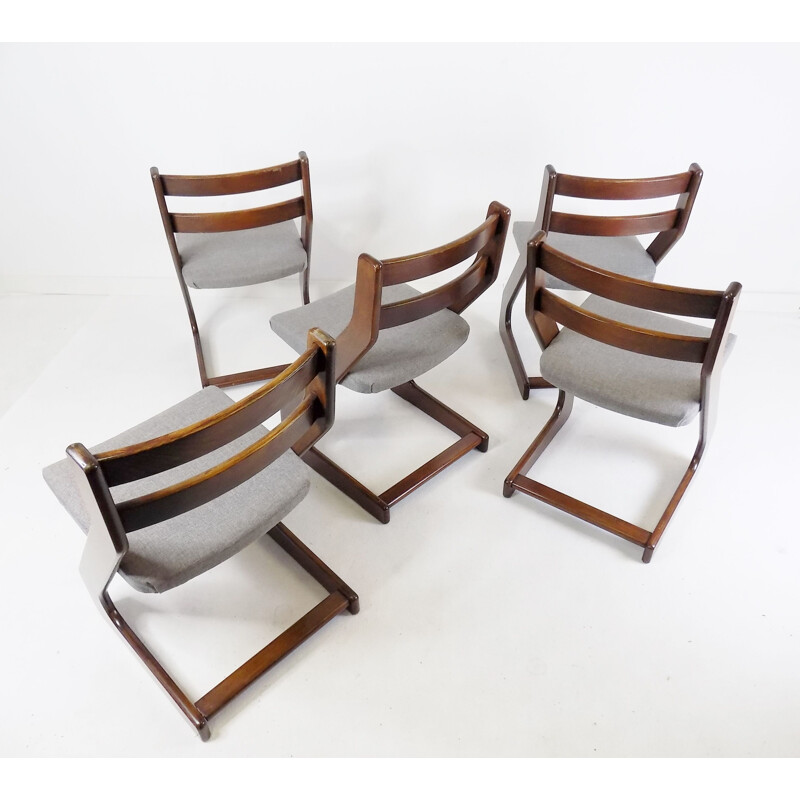Conjunto de 5 sillas vintage Casala de madera marrón oscuro y gris claro
