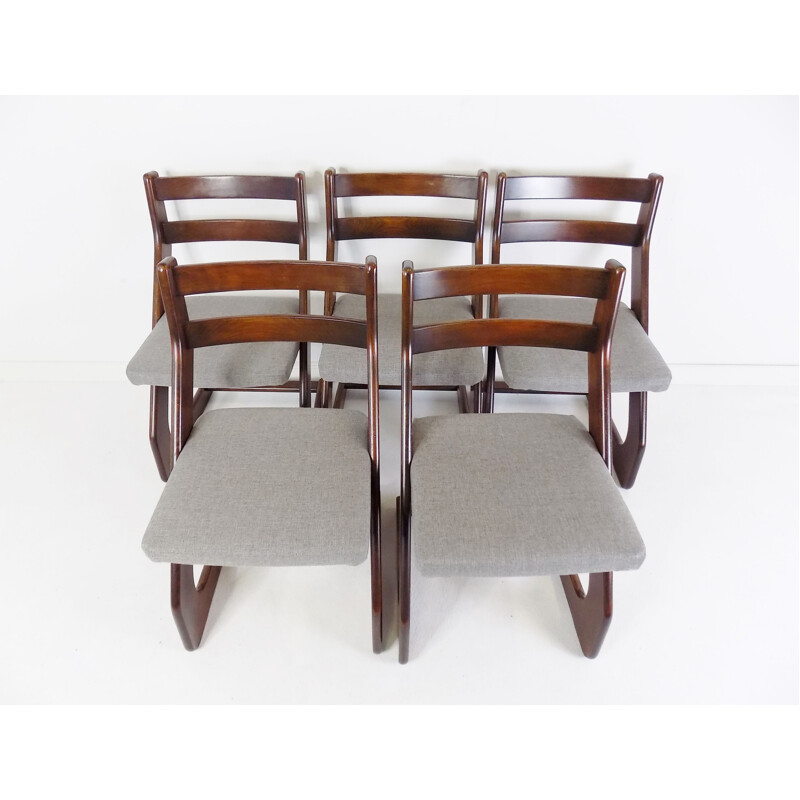 Set of 5 vintage Casala dining chairs in dark brown wooden and light gray