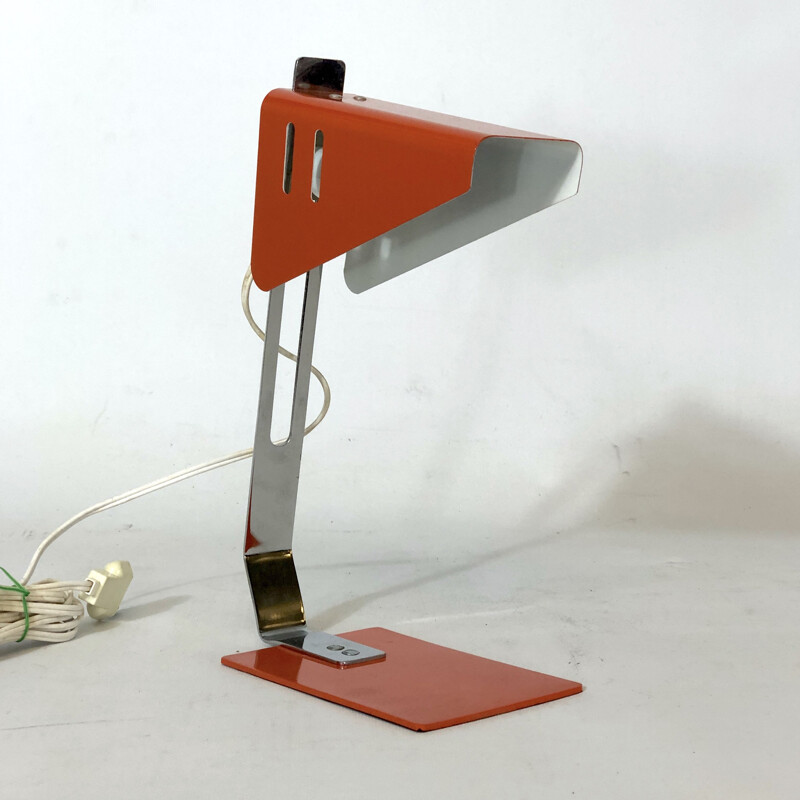 Vintage desk lamp in orange metal, lacquer and chrome, Italy 1970