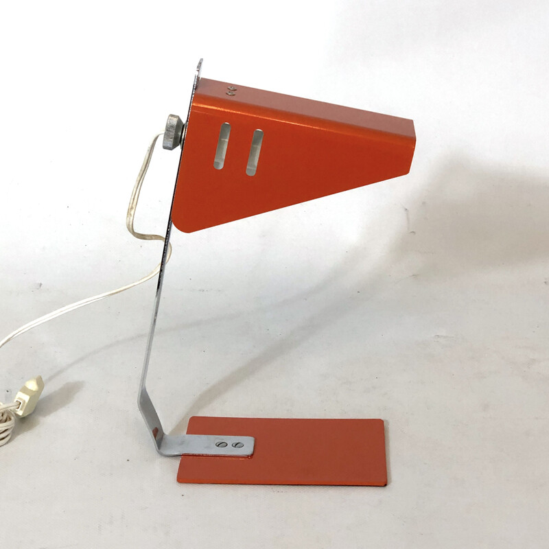 Vintage bureaulamp in oranje metaal, lak en chroom, Italië 1970
