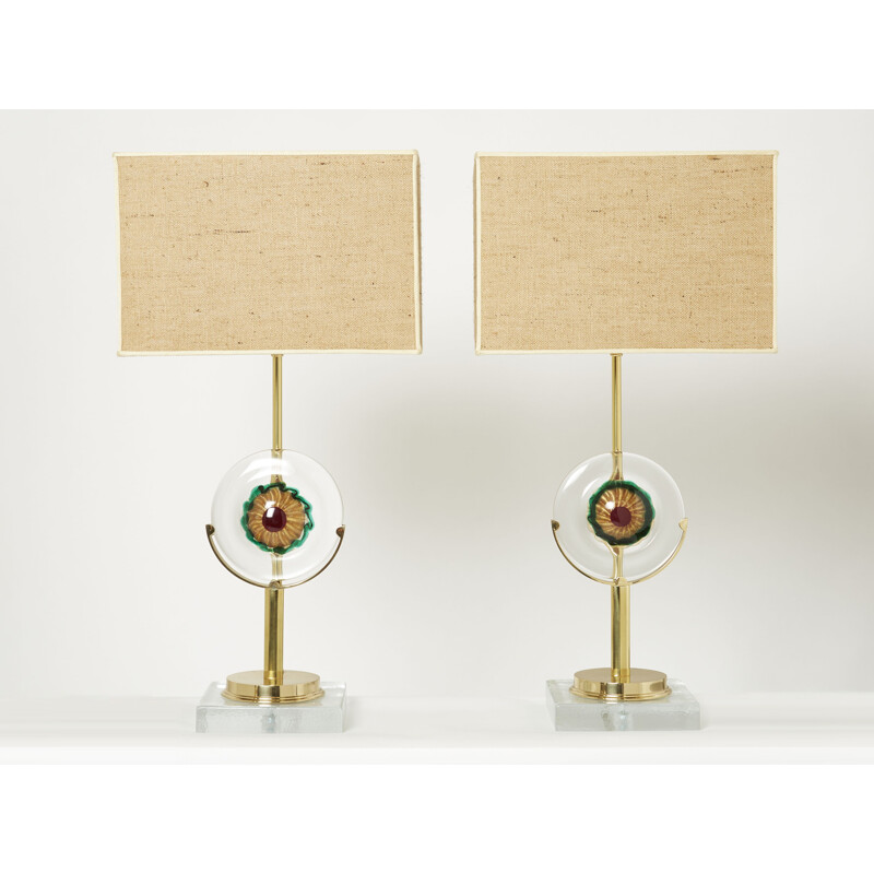 Coppia di lampade vintage in vetro di Murano e ottone, Italia 1970