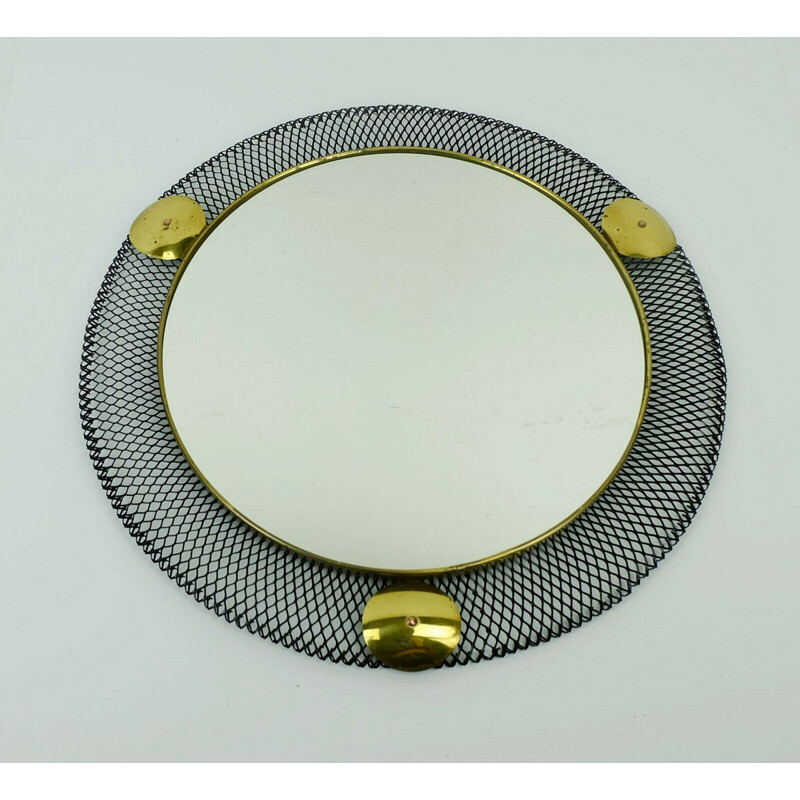 Mid century French wall mirror with wire mesh frame and brass, 1950s
