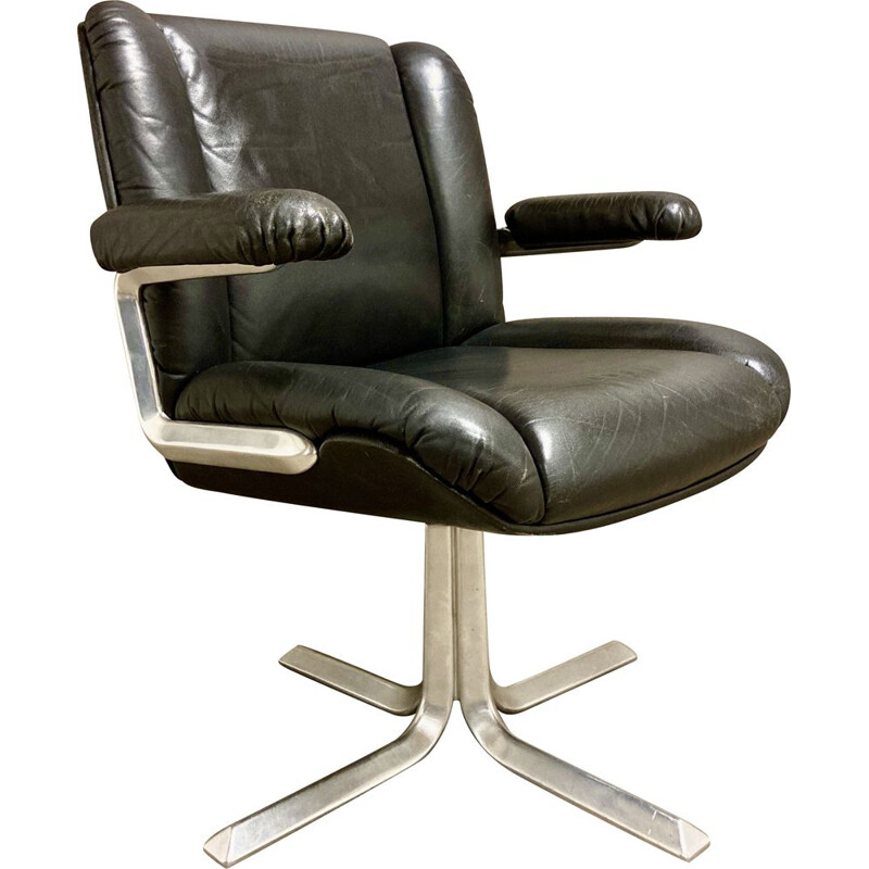 Vintage black leather and aluminium armchair, 1960