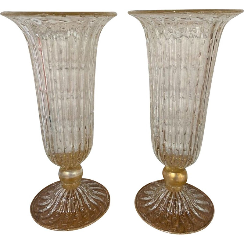 Paire de vases vintage en verre de Murano par Toso, 1980