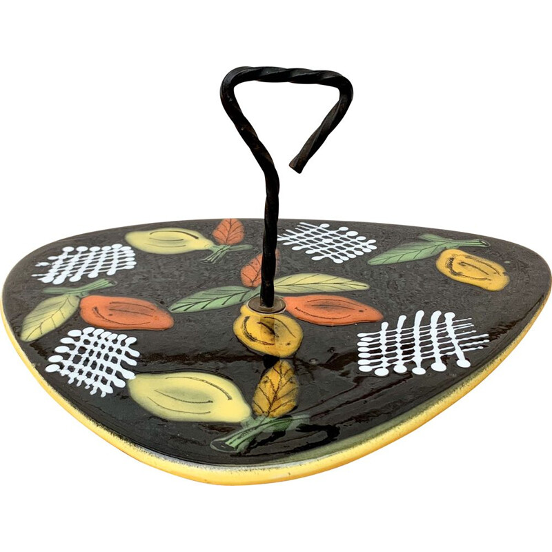 Vintage ceramic cheese platter black and yellow, France 1950-1960