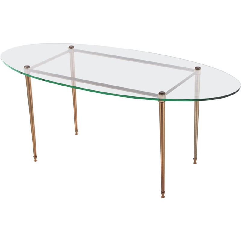 Table basse française vintage de forme ovale en laiton et verre, 1960