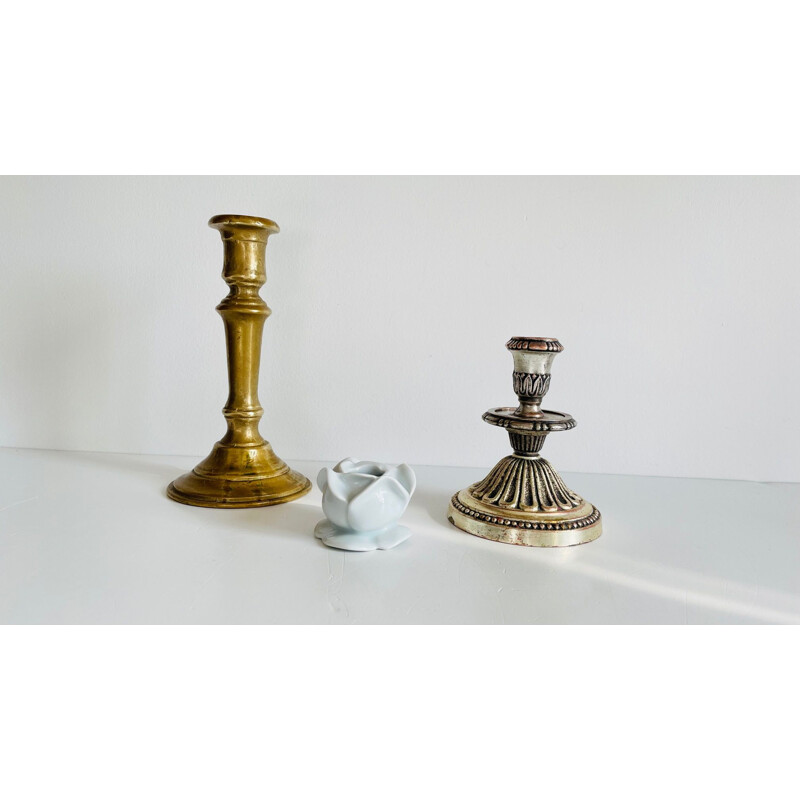 Set of 3 vintage porcelain, brass and silver candlesticks