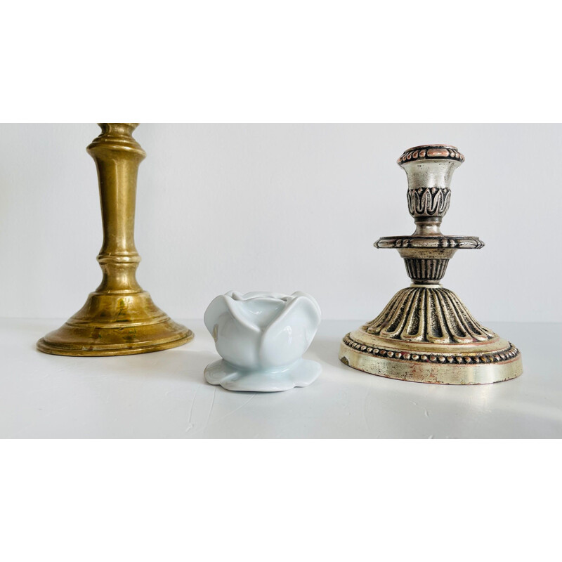 Set of 3 vintage porcelain, brass and silver candlesticks