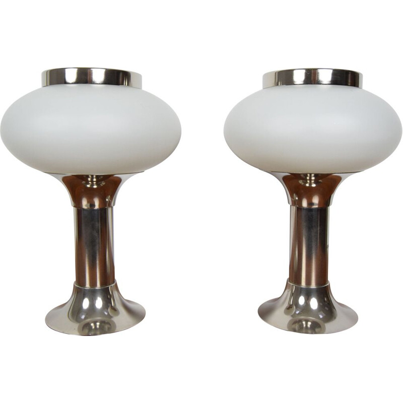 Pair of vintage chrome and milk glass table lamps, Germany 1960s