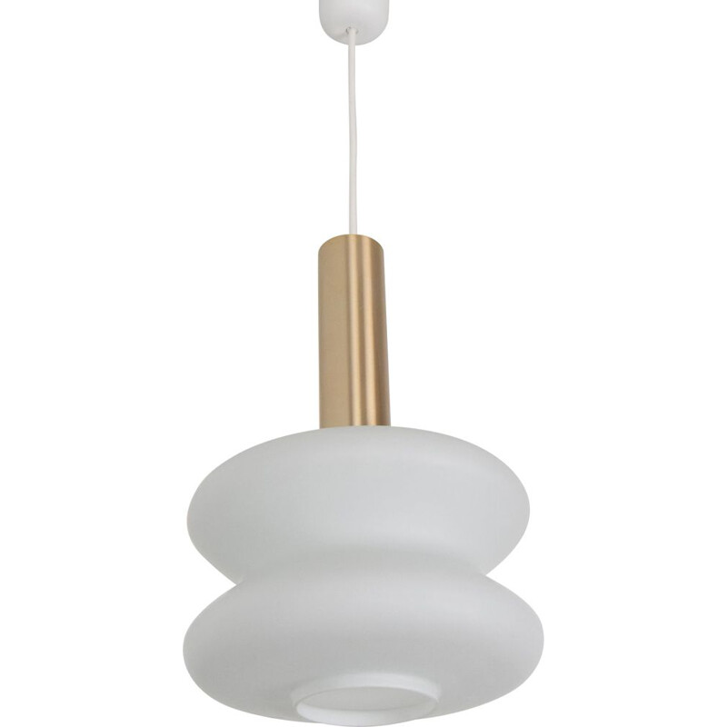 Vintage milk glass and copper pendant lamp, Czechoslovakia 1960