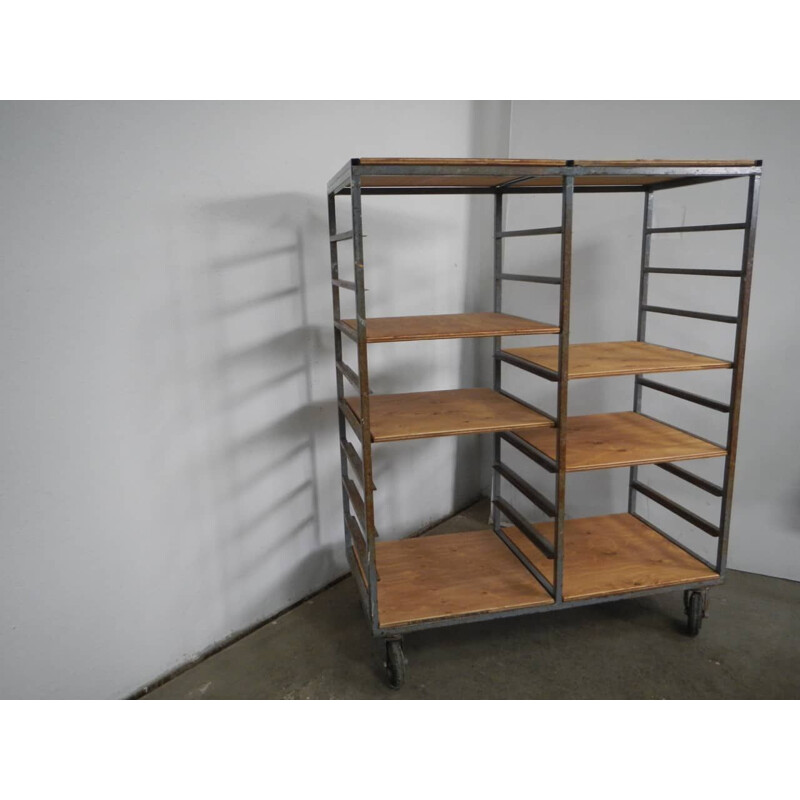 Vintage birch plywood and ceramic shelf with wheels