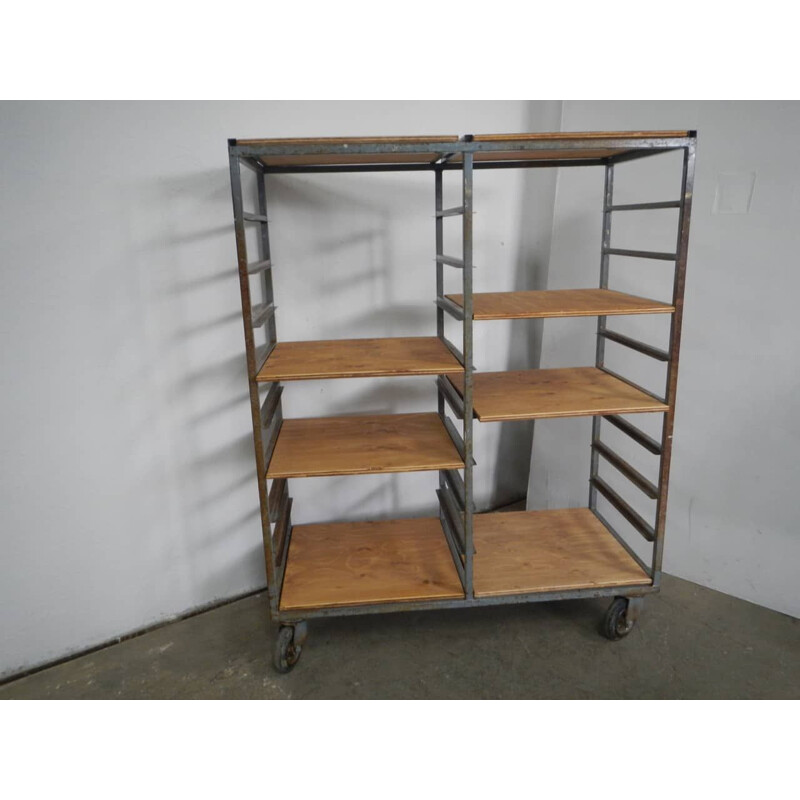 Vintage birch plywood and ceramic shelf with wheels