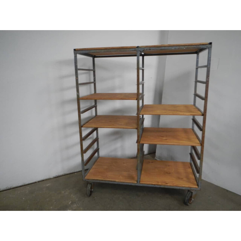 Vintage birch plywood and ceramic shelf with wheels