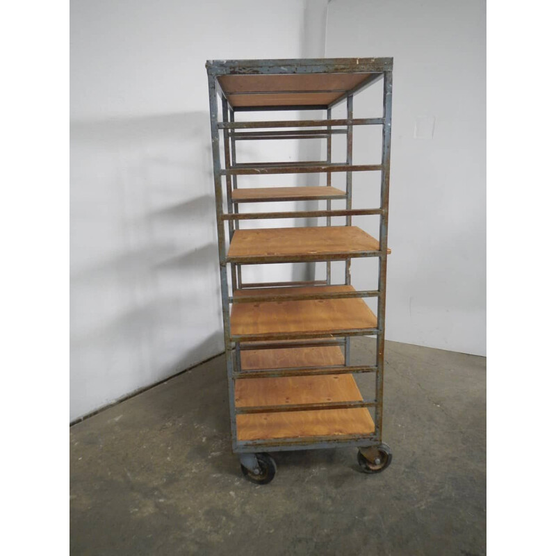 Vintage birch plywood and ceramic shelf with wheels