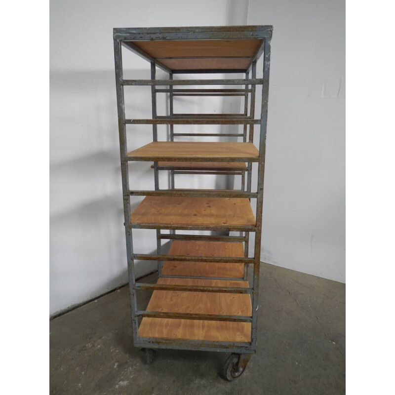 Vintage birch plywood and ceramic shelf with wheels