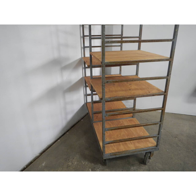 Vintage birch plywood and ceramic shelf with wheels