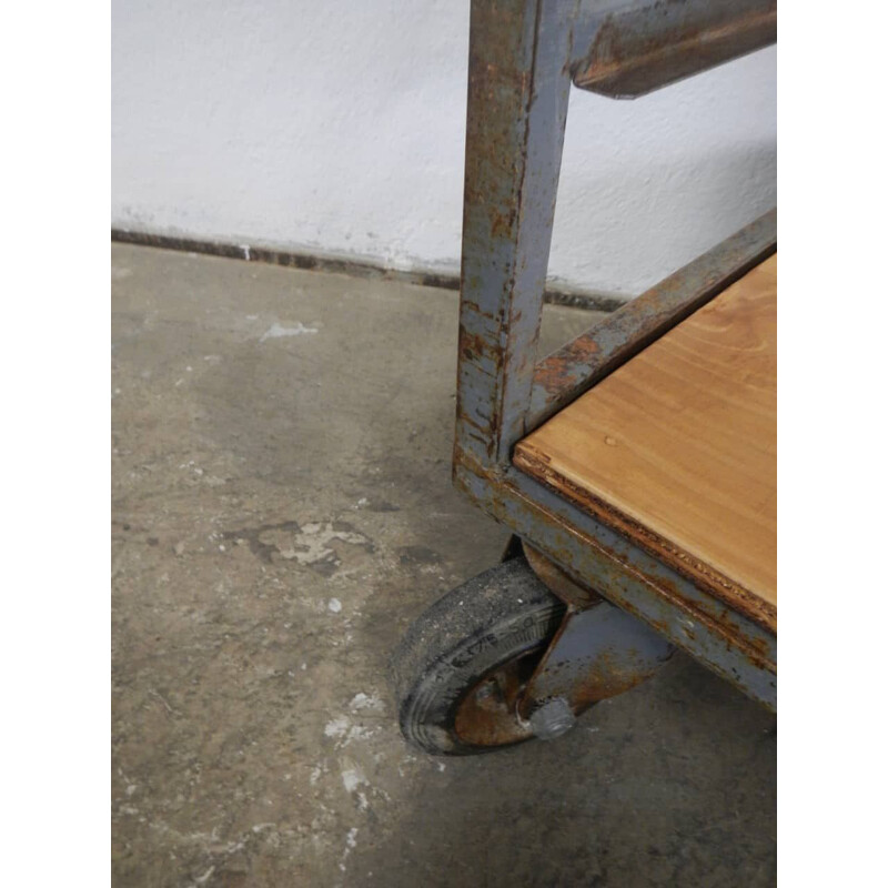 Vintage birch plywood and ceramic shelf with wheels