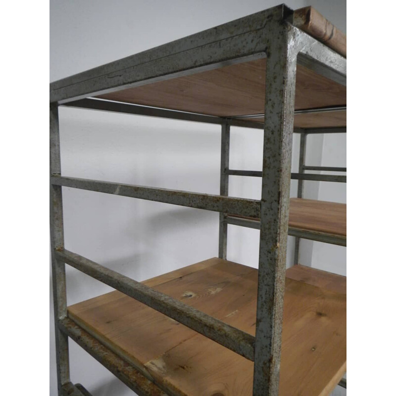 Vintage ceramic and fir wood shelf with wheels