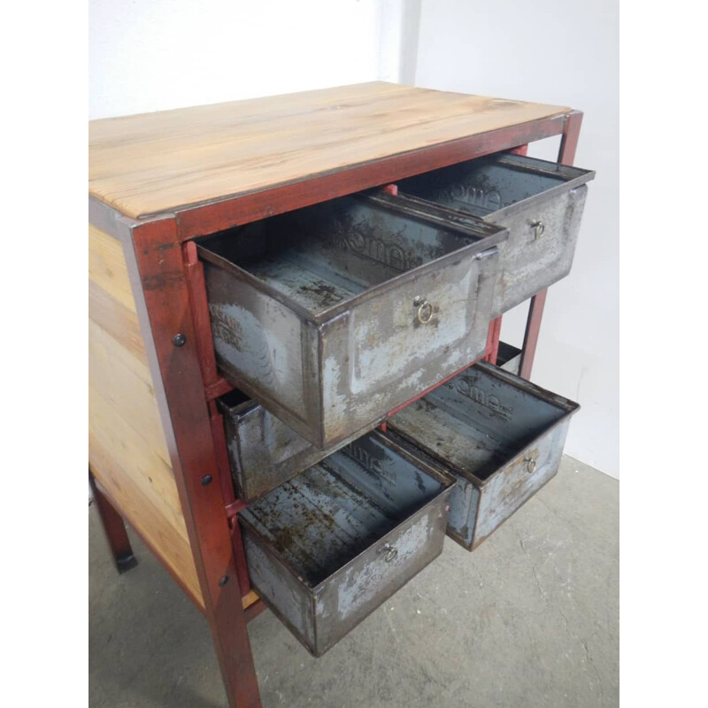 Cassettiera vintage in ferro e legno, 1970