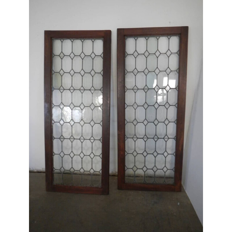 Pair of vintage glass windows with pewter panes
