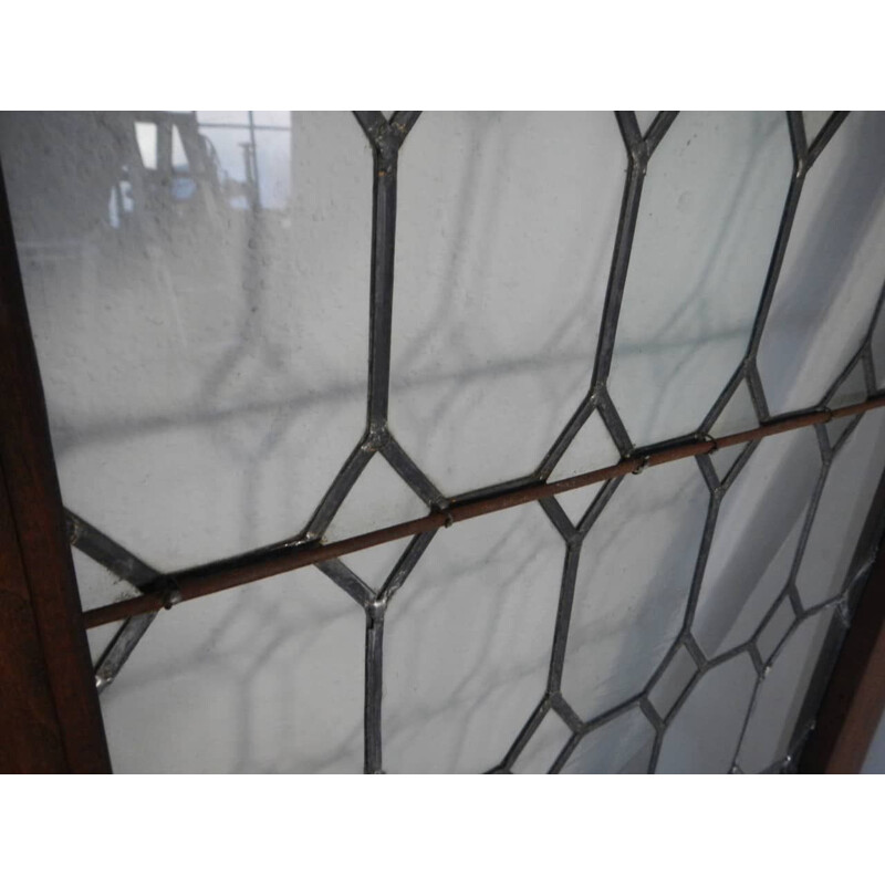 Pair of vintage glass windows with pewter panes