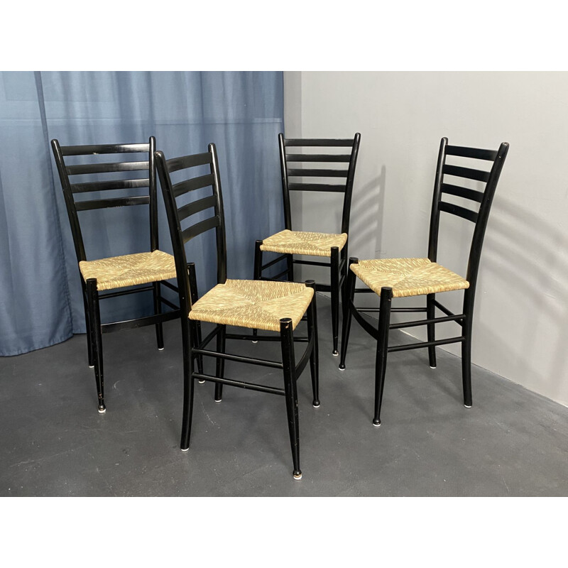 Set of 4 vintage black Spinetto chairs by Chiavari for Bast Weave, Italy 1950s