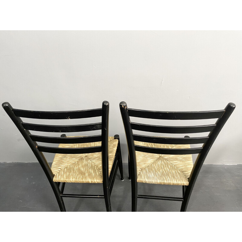 Ensemble de 4 chaises Spinetto noires vintage par Chiavari pour Bast Weave, Italie 1950