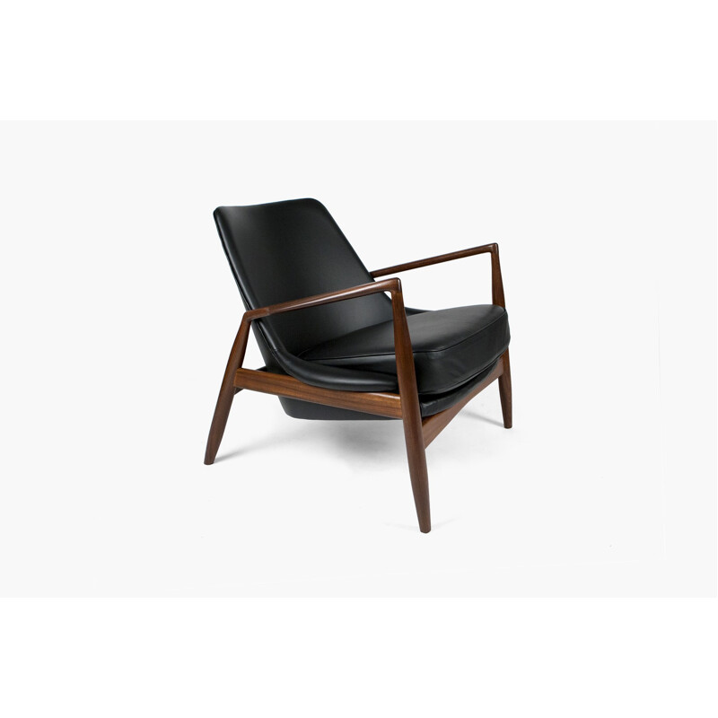 Lounge chair in black leather, Ib KOFOD LARSEN - 1950s