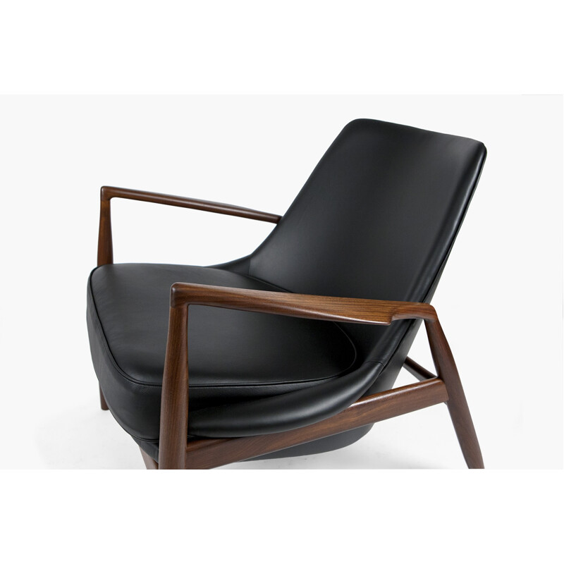 Lounge chair in black leather, Ib KOFOD LARSEN - 1950s