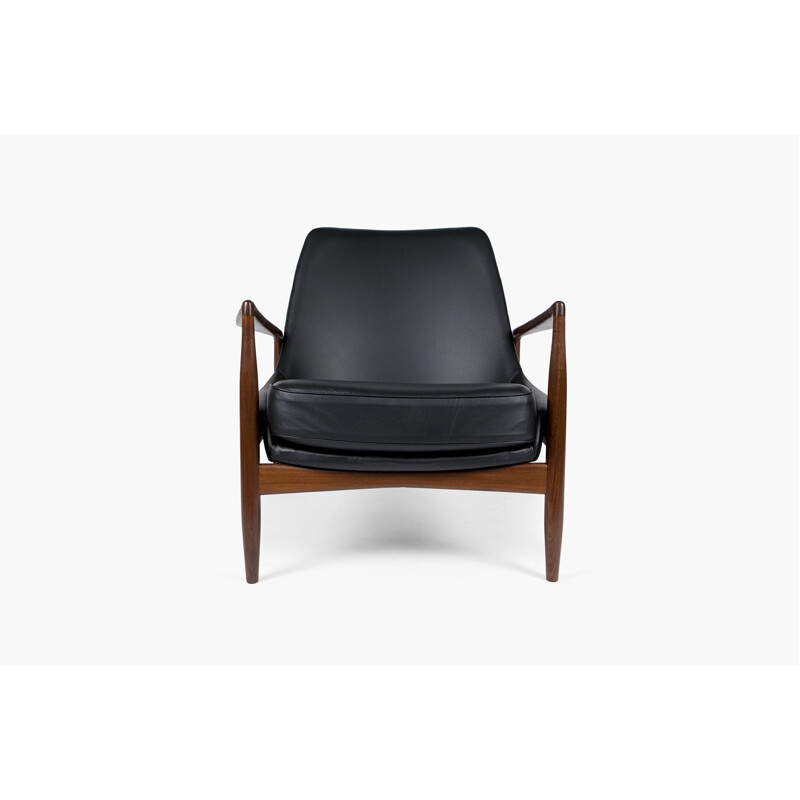 Lounge chair in black leather, Ib KOFOD LARSEN - 1950s