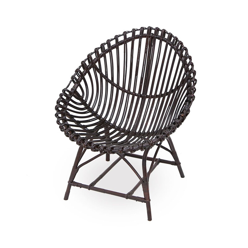 Vintage eivormige rotan fauteuil, 1950