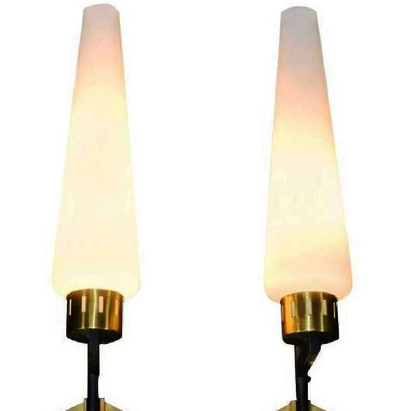 Pair of vintage Italian black metal, brass, and opaline glass wall lamps, 1940