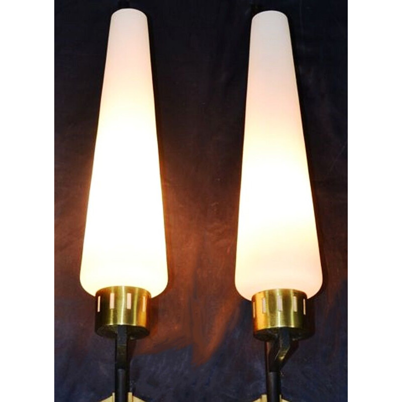 Pair of vintage Italian black metal, brass, and opaline glass wall lamps, 1940