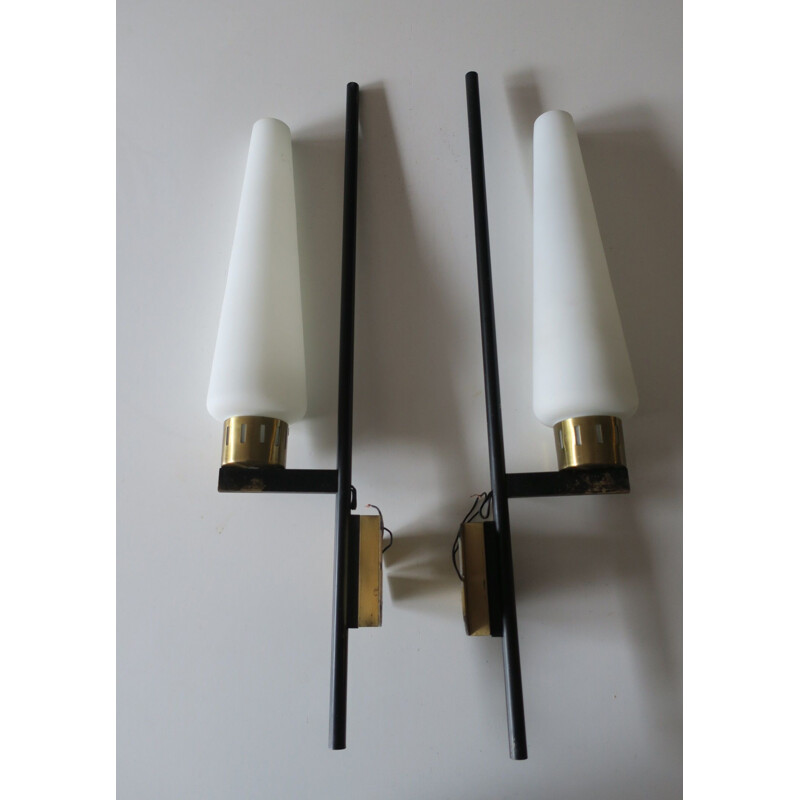 Pair of vintage Italian black metal, brass, and opaline glass wall lamps, 1940