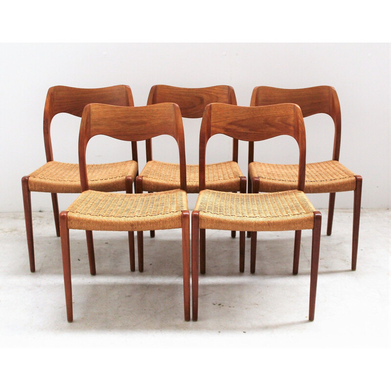 Set of 5 Scandinavian vintage teak and rope chairs by Niels O'Moller