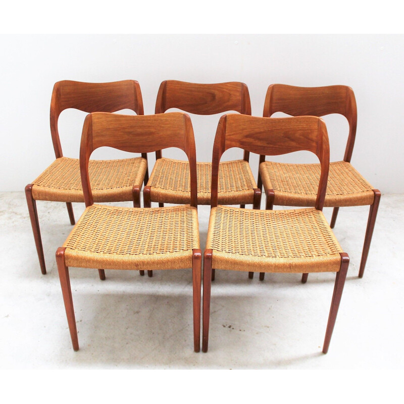 Lot de 5 chaises vintage scandinave en teck et corde par Niels O'Moller