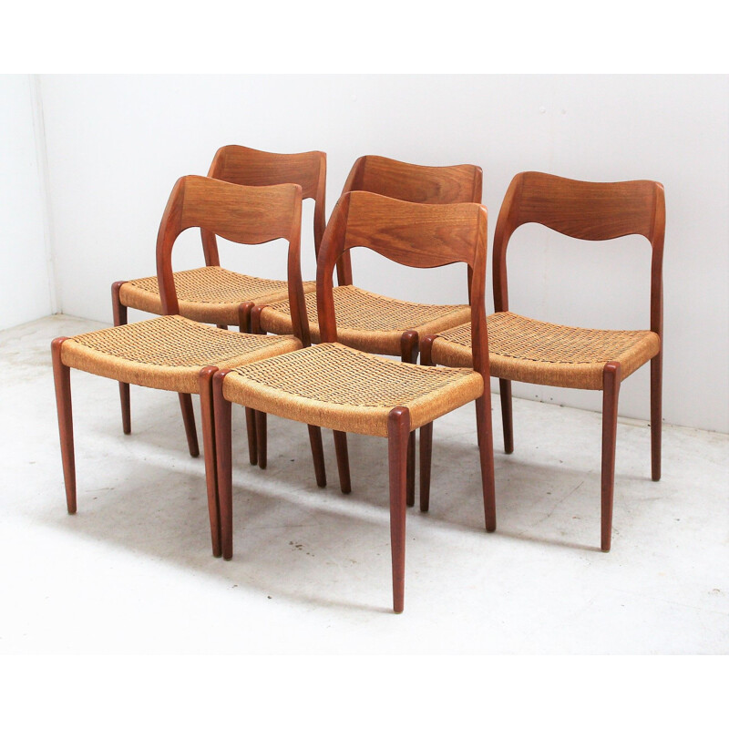 Set of 5 Scandinavian vintage teak and rope chairs by Niels O'Moller