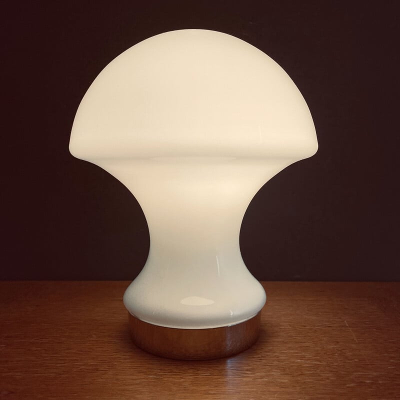 Vintage white opal glass mushroom table lamp, Italy 1980