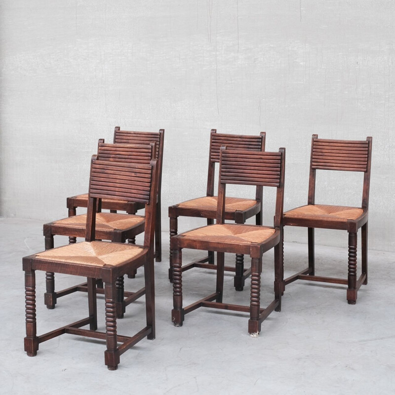 Set of 6 rush mid-century dining chairs, France 1940s