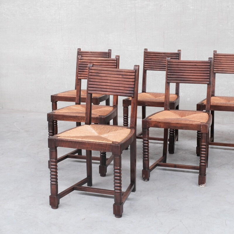 Set of 6 rush mid-century dining chairs, France 1940s