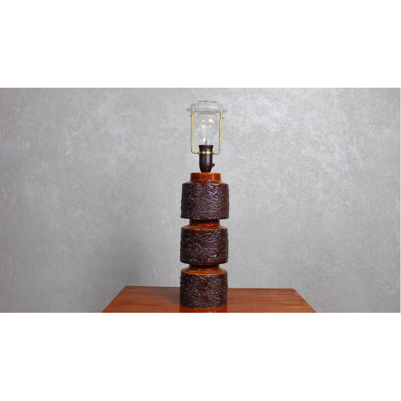 Scandinavian Brutalist vintage table lamp in brown ceramic, 1970