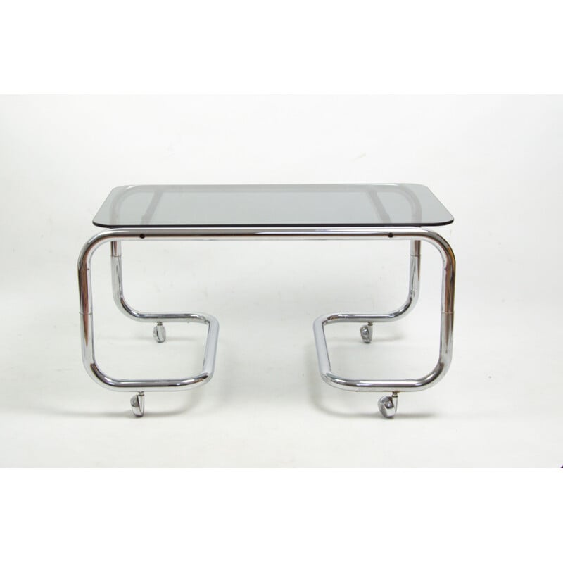 Vintage smoked glass coffee table on casters, 1970
