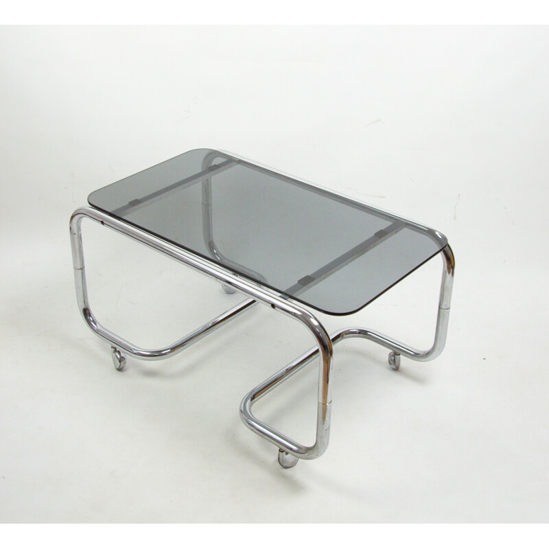 Vintage smoked glass coffee table on casters, 1970