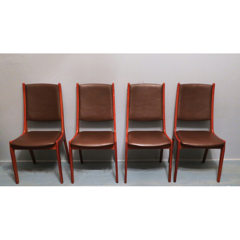 Set of 4 dining chairs in teak and leather, Kai KRISTIANSEN - 1960s