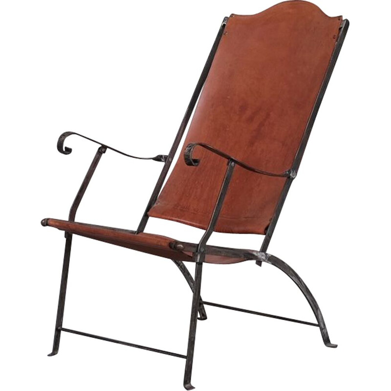 Pair of vintage folding armchairs in leather and metal, France 1950
