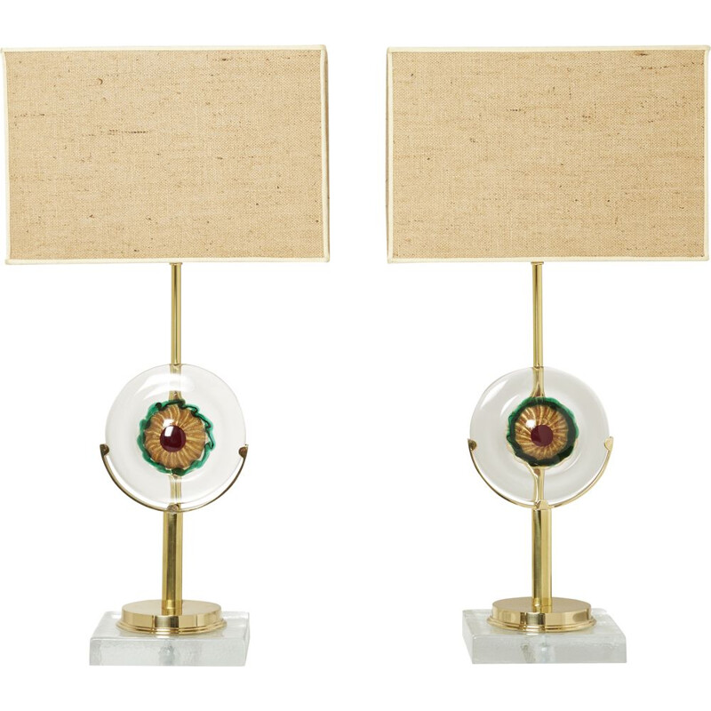 Coppia di lampade vintage in vetro di Murano e ottone, Italia 1970