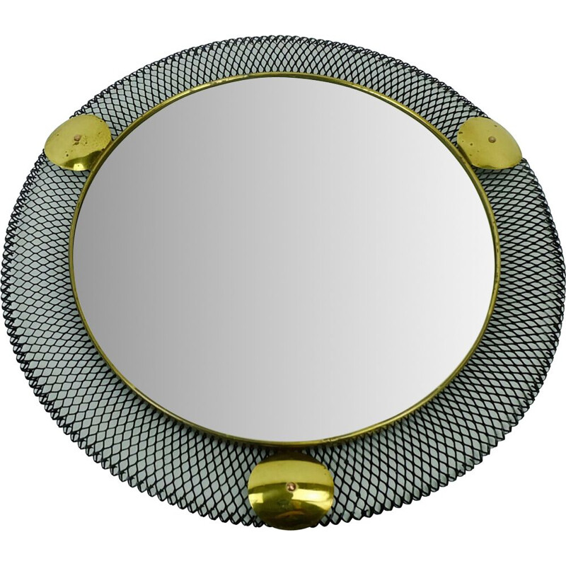 Mid century French wall mirror with wire mesh frame and brass, 1950s