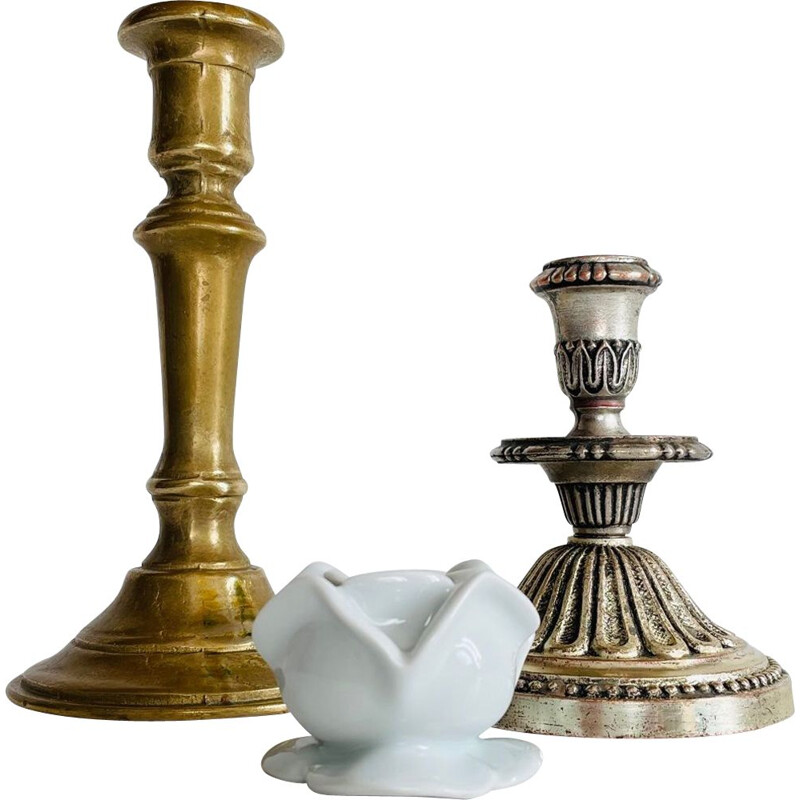 Set of 3 vintage porcelain, brass and silver candlesticks